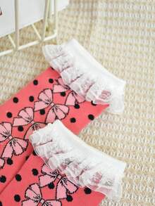 1 Pair Women's Pink Bow Polka Dot Pattern Lace Trim Cute & Versatile Mid-Calf Socks, New Arrival Spring/Summer - Pink - View 12