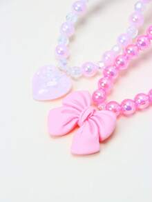 2pcs/Set Girls Cute Bow Heart Pendant Pearl Beaded Bracelet Necklace Jewelry Set, Suitable For Holiday Party, School, Birthday Gift