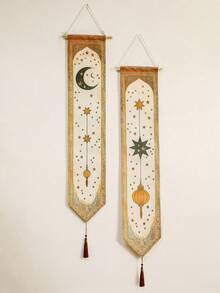 1件/2件装波西米亚风月亮星星挂毯，复古流苏灯笼图案壁挂，优雅的家居装饰，适用于客厅和卧室，完美契合波西米亚和神秘主题空间，也适合作为节日和派对墙面装饰，是馈赠亲友的绝佳礼物。