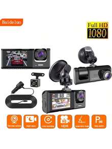 新款2英寸高清夜视三镜头行车记录仪，支持1080P车载及外部循环录像，内置150mAh锂电池