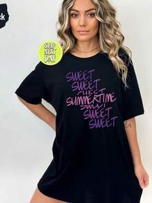Sweet Summertime Funny Summer Vacation T Shirt, Summer Lover Tees, Funny Vacation Tshirt, Vacay Mode On Shirts, Women Beach T Shirts - 黑色 - 查看 1