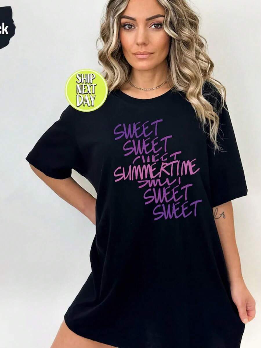 Sweet Summertime Funny Summer Vacation T Shirt, Summer Lover Tees, Funny Vacation Tshirt, Vacay Mode On Shirts, Women Beach T Shirts - 黑色 - 查看 1