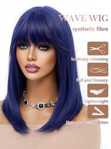 XOUJE 16-Inch Medium-Length Blue Straight Synthetic Wig For Women Comfortable And Natural Appearance Suitable For Fashionable Everyday Wear, Parties, Or Cosplay Photography Heat-Resistant Fiber Wig - Blue - View 7