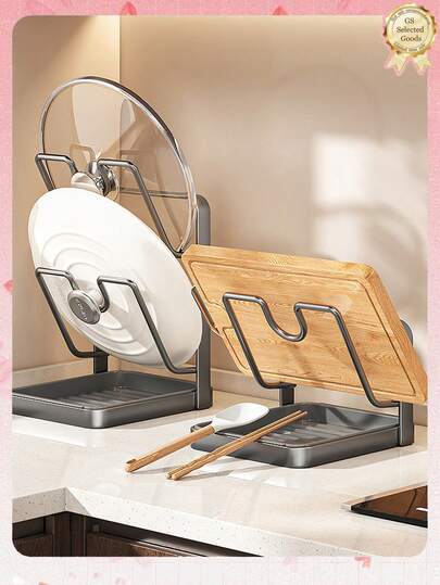 1pc Pot Lid Organizer Rack, Countertop Storage Holder For Pot Lids, Cutting Boards, Utensils. Features U-Shaped Slots To Securely Hold Lids Vertically, Convenient For Access. Rust-Resistant, Moisture-Proof, Heat-Resistant Design Can Support Heavy Lids Without Deformation Or Breakage. Suitable For Trays, Ladles, Measuring Cups, And Pot Lids.