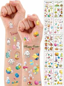 10pcs Easter Temporary Tattoos, Egg & Bunny Temporary Tattoos, Face & Body Stickers, Suitable For Easter Holiday Party Decorations - Multicolor - View 3