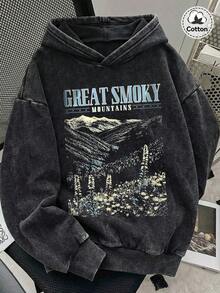 女士秋冬植物印花卫衣，略带弹力，修身剪裁，做旧水洗效果，棉混纺保暖内衬，黑色套头长袖连帽卫衣，休闲日常卫衣 - 黑色 - 查看 2