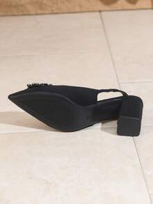 Nuevas sandalias de mujer con hebilla de rhinestone para el verano, estilo francés de punta cerrada con tacón grueso y puntiagudo, de fácil deslizamiento - Negro - Ver 8