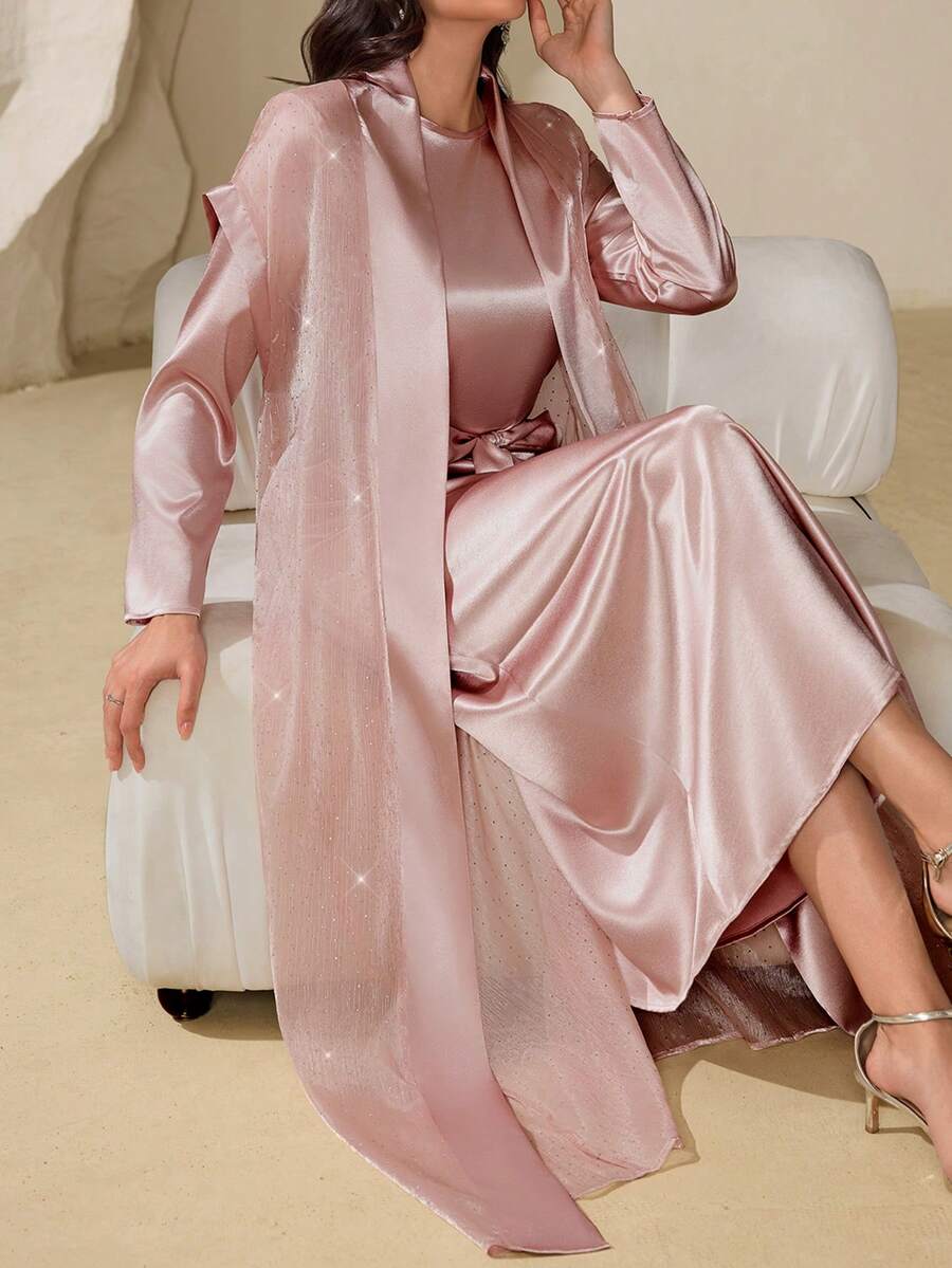 女士粉色腰带长袖连衣裙和水钻长袍套装，优雅长袍套装，闪亮派对套装，婚礼宾客服装，夏季度假服装，生日服装，春假服装 - 粉色 - 查看 1