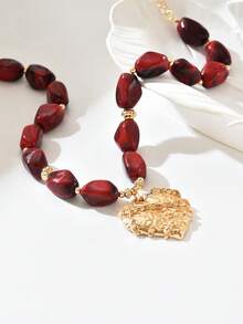 1pc Elegant Fashion Personalized Resin 3D Heart Pendant, French Oil Drop Asymmetrical Floral Beaded Necklace - Multicolor - View 4