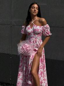 Đầm maxi cổ yếm/trễ vai in hoa màu hồng hiệu Solstice Apparel, tay phồng, eo thắt, xẻ tà, phong cách lãng mạn Pháp, hoàn hảo cho đi làm hàng ngày, đi chơi và du lịch, đầm đa năng mùa xuân hè thanh lịch - Hồng - Xem 8