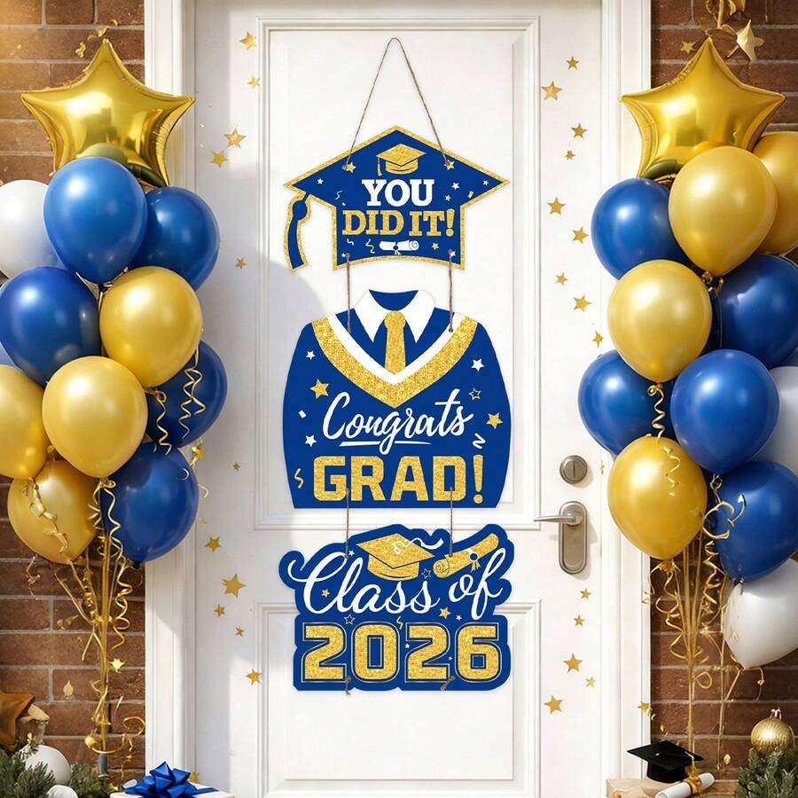 Decoraciones de graduación azul 2026, letreros de puerta Congrats Grad Clase de 2026, corona de graduación Letreros colgantes Accesorios para fotomatón para fiesta de graduados - Azul - Ver 1