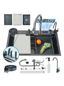 Fregadero de cocina premium con caño en cascada y pantalla LED Incluye grifo de 3 funciones, grifo de agua filtrada, dispensador de jabón, lavavasos, bloque para cuchillos y tabla de cortar Fregadero de cocina moderno y esencial (75 cm * 45 cm) - Gris pistola - Ver 10