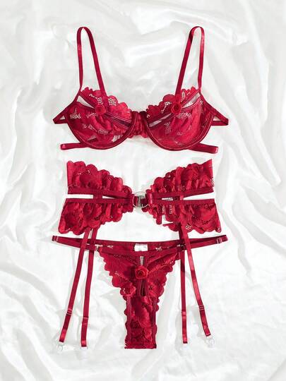 3pcs Set Floral Decor Hollow Lace Sexy Lingerie