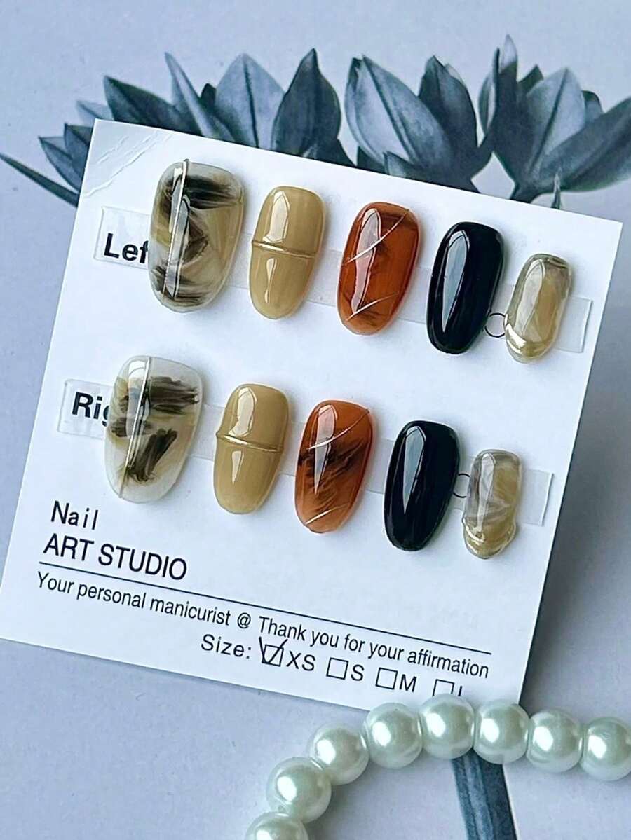 10 miếng dán móng tay thủ công, quà tặng Giáng sinh, móng giả, móng dán ngắn, họa tiết nhuộm màu nước cao cấp, đường kẻ bạc 3D vẽ tay, móng đen, móng oval, phong cách sang trọng, phù hợp cho phụ nữ và bé gái sử dụng hàng ngày, cũng rất tuyệt vời cho Ngày Valentine, Giáng sinh, và các dịp trang trí móng tay năm mới. - Nhiều màu - Xem 1