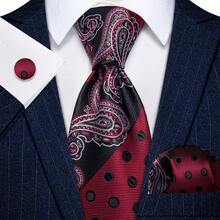 Red Pattern Necktie Mens Tie Handkerchief Cufflinks Set Wedding Formal 3PCS - 紅色 - 查看 1