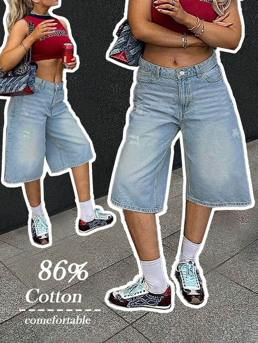 Quần short denim rách màu xanh nhạt kiểu cổ điển dành cho nữ, quần short ống đứng rộng rãi dài đến giữa đùi, có túi lớn, thích hợp cho mùa xuân/hè. - Màu xanh nhạt - Xem 1