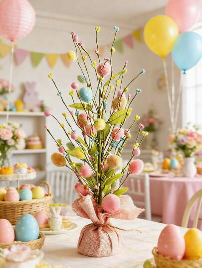 17.7 Inch Pre-Lit Easter Egg Tree Tabletop Decor, With Delicate Ornaments, Suitable For Home, Party, Wedding, Holiday, Spring/Summer Decoration