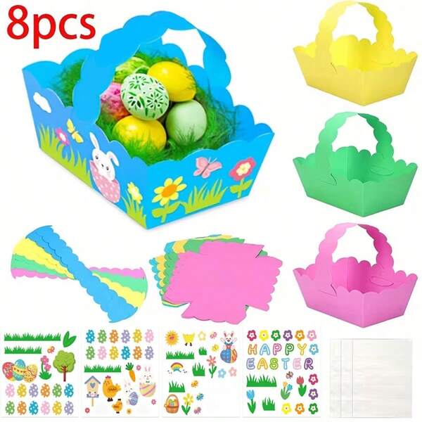 8pcs Easter Gift Basket, DIY Handmade Rabbit Easter Eggs Party Gift Bags, Comes With 12 Colorful Stickers For DIY Decorating Gift Baskets, Easter Bunny Party Decorations