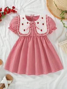 女婴情人节夏季新款荷叶边领草莓刺绣蝴蝶结条纹泡泡袖连衣裙 - 紅白色 - 查看 1
