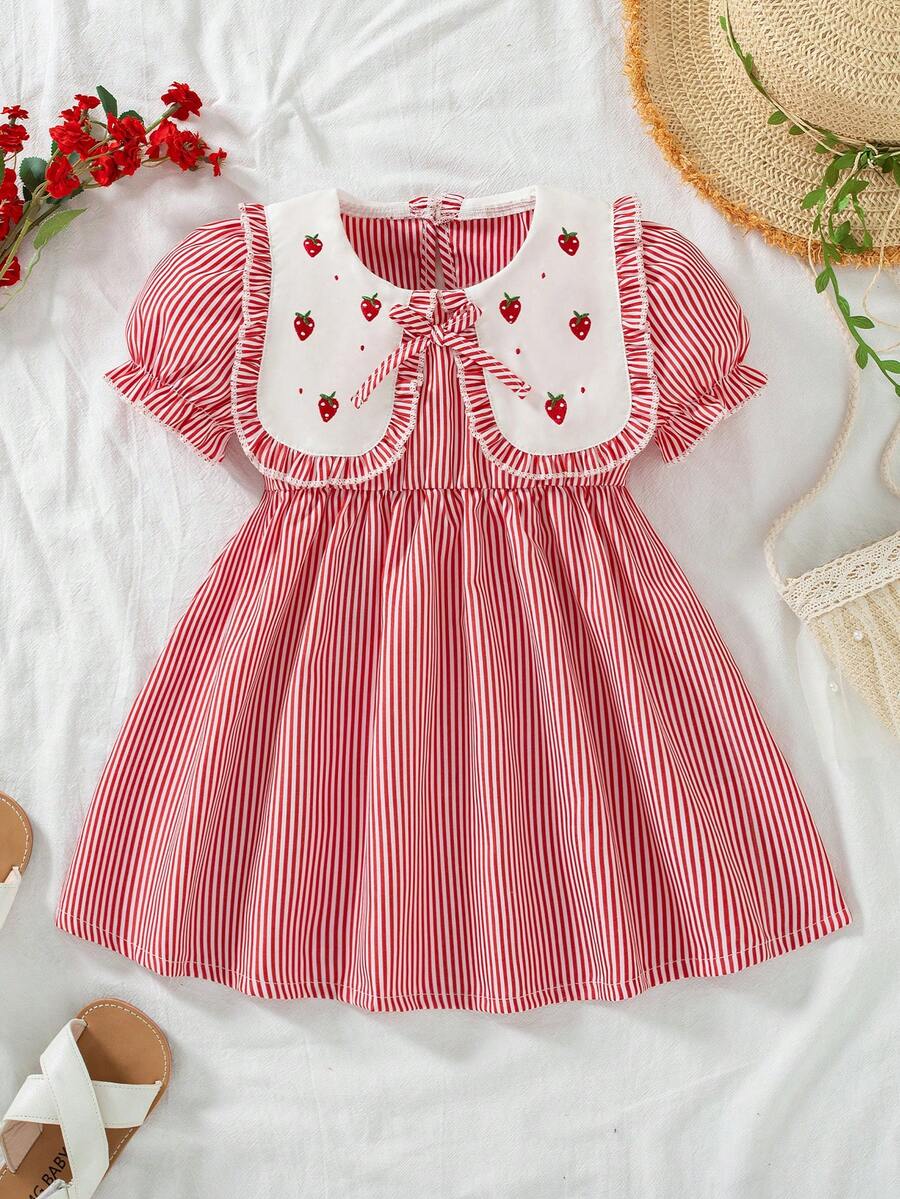 女婴情人节夏季新款荷叶边领草莓刺绣蝴蝶结条纹泡泡袖连衣裙 - 紅白色 - 查看 1