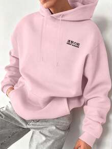 Wonen Men's Casual Fashionable Street Style Everyday Commute Japanese Anime Character Slogan Print Kangaroo Pocket Drawstring Hoodie, Autumn/Winter - 粉色 - 查看 2