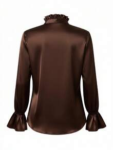 Blusa de mujer casual, suelta y elegante, de cuello alto, manga larga, versátil para uso diario y para ir al trabajo, con mangas acampanadas, abotonada, para primavera - Café integral - Ver 5