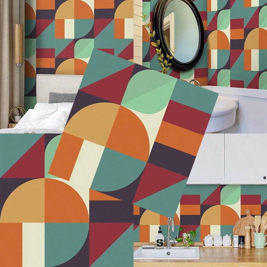 VaryPaper - Papel pintado moderno de 17.7 x 78.7 pulgadas para recámara autoadhesivo extraíble papel tapiz decorativo geométrico de contacto para paredes armarios estantes y baño - Verderojonaranjaazulbeige - Ver 1