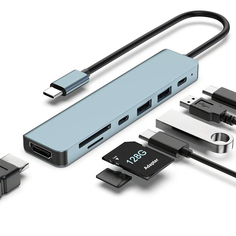 JcBlaon 兼容MacBook的USB-C集线器 – 7合1 USB-C适配器，配备4K高清电视接口、100W PD快充、USB 3.0 5Gbps端口和SD/TF读卡器 – 适用于办公、会议、旅行和居家环境的USB-C扩展坞 – 深空灰 - 灰色 - 查看 1