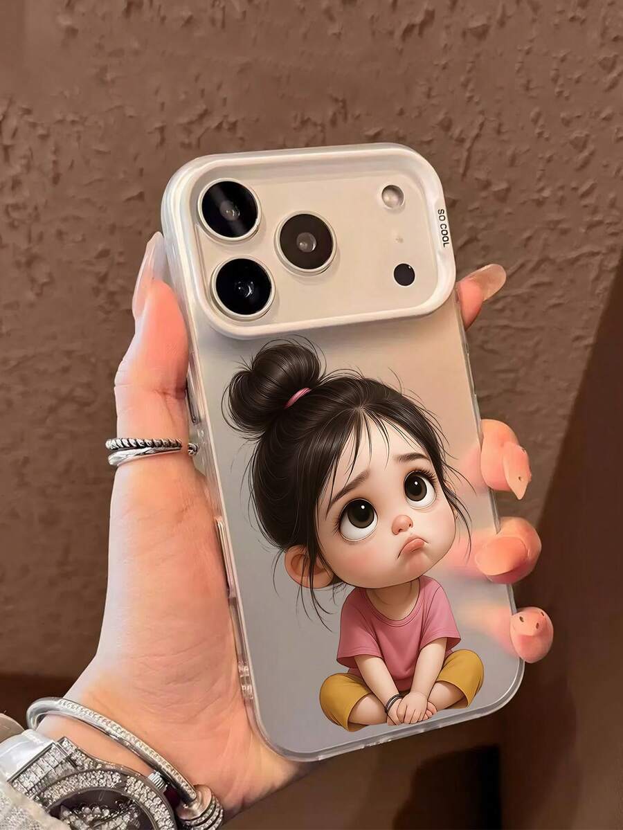 1pc Minimalist Cute Girl Pattern Phone Case, Luxurious Texture, Waterproof And Durable, Compatible With IPhone 17, 16, 11, 15, 14, 13, 12 Pro Max Plus And Other Models, Ideal Gift For Fashion Lovers, Friends, Family, Couples, Birthday, New Year, Valentine's Day, Easter, Festival - Silver - View 1