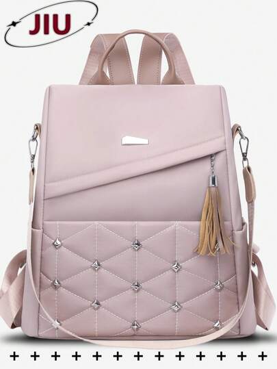 Women's Anti-Theft Quilted Fringe Rivet Casual Nylon Backpack, Multi-Functional Fashion Daily Bag, Multi-Pocket Lightweight Travel Bag, Large Capacity Minimalist Bookbag, Convenient Backpack Suitable For Students, Nurses, Teachers, Business People, Travel, Commuting, Shopping, Office, Dating, Hiking, Training, Work, Birthday Gift, Holiday Gift