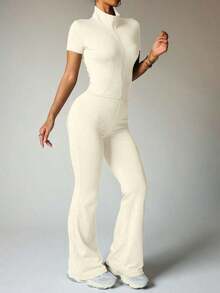 Women's Yoga Workout Set: Short Sleeve Zip-Up Jacket And High-Waisted Flare Pants - Moisture-Wicking, 4-Way Stretch, Suitable For Yoga, Pilates, Gym Workouts (Multiple Colors/Sizes Available) - 杏色 - 查看 6