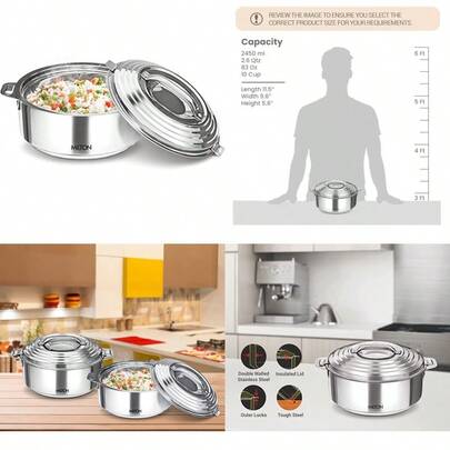 Galaxia 2500 Insulated Stainless Steel Casserole 2500 Ml 84 Oz 2.6 Qt. Thermal Serving Bowl Keeps Food Hot And Cold For Long Hours Elegant Hot Pot Food Warmer Cooler Silver