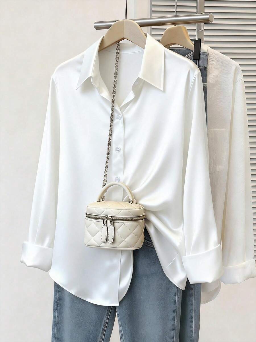 Camisa de satén con botones para mujer talla grande, blanca, de primavera - Blanco - Ver 1