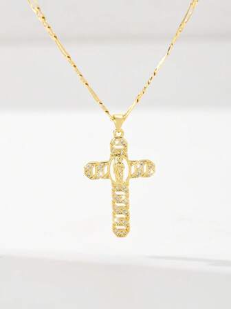  1pc European & American Classic Copper Inlaid Zirconia Priest Cross "Light Of Guardian" Limited Edition Pendant Necklace, Suitable For Christmas/Thanksgiving/Halloween/Mother's/Valentine's Day Gifts For Couples/Friends/Believers, Catholic First Communion, Gifts, Daily & Festival Wear For Prayer