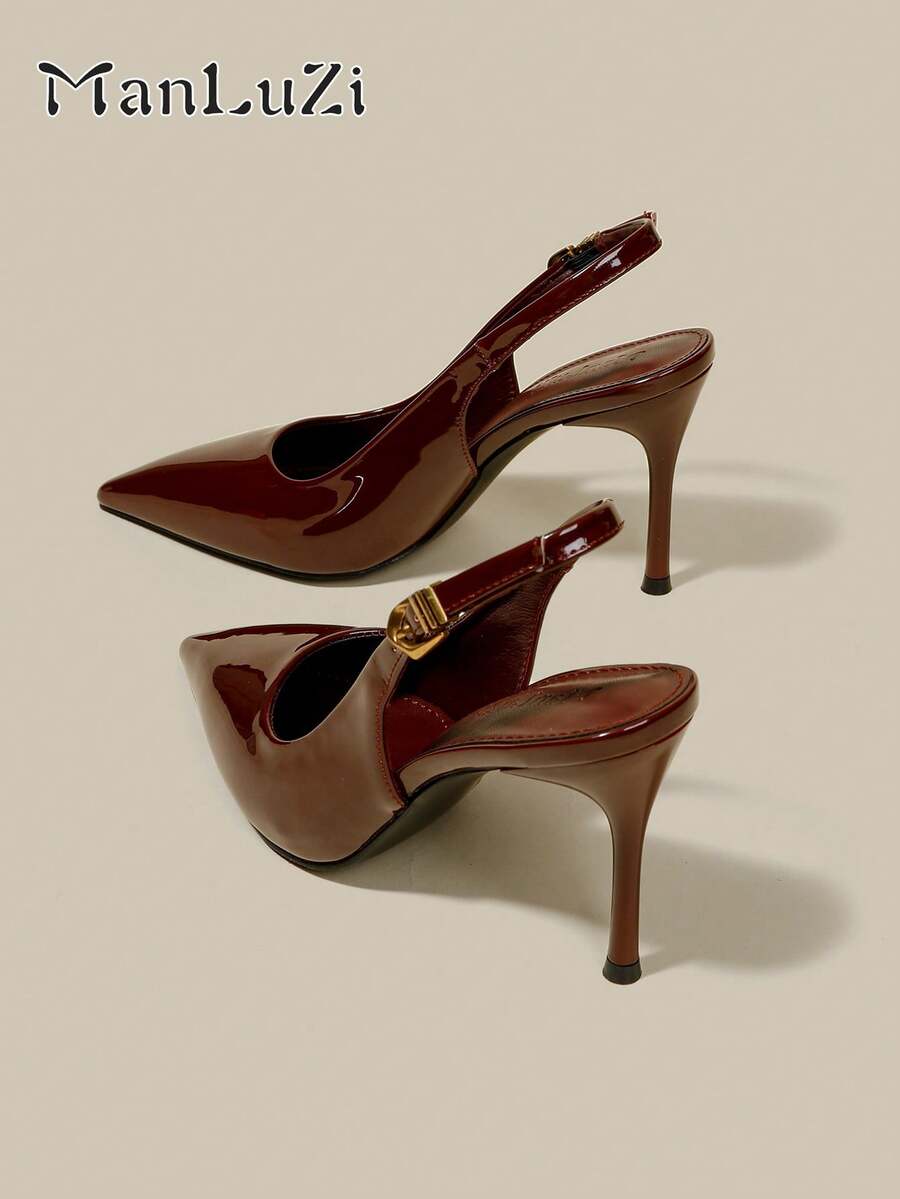 Giày cao gót mũi nhọn màu đỏ tía bằng da bóng dành cho nữ, giày dự tiệc trang trọng, thanh lịch, kín mũi, có quai ngang mắt cá chân. - Màu Đỏ Sâu - Xem 1
