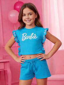 Set Barbie Niña Top con Olanes y Short Rib con Jareta - Azul - Ver 3