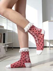 1 Pair Women's Pink Bow Polka Dot Pattern Lace Trim Cute & Versatile Mid-Calf Socks, New Arrival Spring/Summer - Pink - View 8