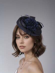 1pc Floral Print Solid Color Elegant Polyester Feather Fascinator Hat, Suitable For Wedding, Holiday Party, Tea Party, Christmas, Easter, Racing Event, Bachelorette Party