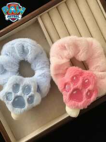 Paw Patrol 2-Piece Plush Large Intestine High Elasticity Hair Ring Set, Sweet And Versatile Hair Rope For Dog Patrol Team, Random Color And Style, Cute Girl Woof Team Theme Hair Accessory, Women's Exclusive Rubber Band, Headband, Summer Beach Wedding Accessories, Pink And Blue Dog Claw Pattern Hair Rope