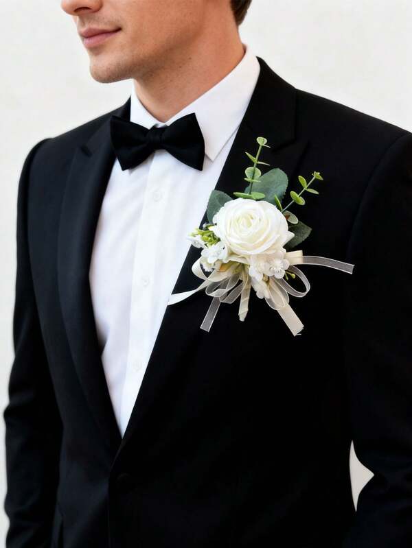 1pc/6pcs Artificial Silk Rose Flower Groom Boutonniere Man Brother Corsage Graduate Pin Suit Wedding Flowers Party Deocration