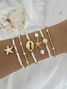 Bộ 6 vòng tay ngọc trai nhiều lớp xếp chồng lên nhau, kiểu dáng mùa hè, mặt dây chuyền hình sao biển và vỏ sò thời trang, quà tặng trang sức gợi cảm cho nữ giới khi đi biển/hẹn hò thường ngày (Số lượng hạt và thứ tự ngẫu nhiên) - Nhiều màu - Xem 3