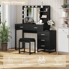 Tocador Minimalista Moderno con 5 Cajones y Estantes de Exhibición; Tocador con Silla de Tocador, Adecuado para Dormitorio, Vestidor o Sala de Estar - Negro - Ver 3