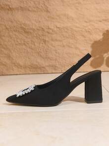Nuevas sandalias de mujer con hebilla de rhinestone para el verano, estilo francés de punta cerrada con tacón grueso y puntiagudo, de fácil deslizamiento - Negro - Ver 7