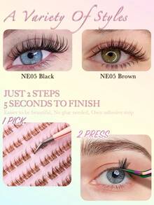 60pcs Self-Adhesive Lashes Brown Fluffy False Eyelash Clusters 10-14mm Mixed D Curl Pre-Glued Lash Clusters Wear No Glue Needed Individual Lashes Natural Look Brown Lash Clusters No Glue Or Makeup Remover Required False Eyelashes Comic Lashes Gift For Women & Girl Makeup Tools - D - View 8