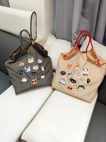 New Cute Embroidered 11 Cats Large Capacity Handbag Women Fashion Versatile Shoulder Tote Bag - Multicolor - View 7