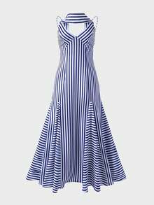 优雅简约浪漫条纹无袖连衣裙，飘逸裙摆，适合日常穿着、派对、海滩度假，是女士夏季的理想之选。 - 藍色 - 查看 5