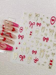 1pc Gold & Red Love Star Moon Totems Nail Art Stickers 5D Valentine's Day Glitter Heart/Red Lip/Bow Nail Decal Manicure Supplies - Multicolor - View 11
