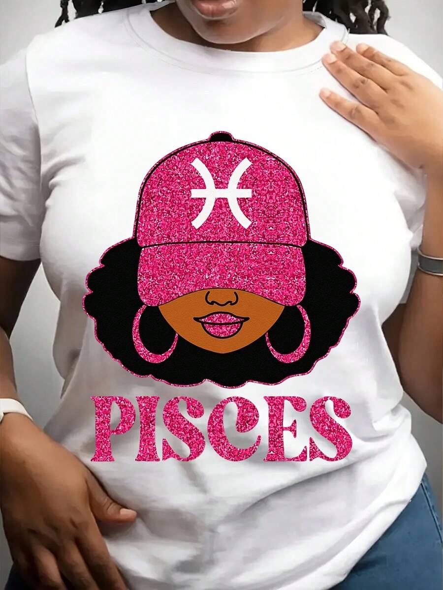 Pisces Zodiac Sign Woman With Cap Graphic Tee Shirt For Astrology Lovers And Horoscope Fans, 220g - 白色 - 查看 1