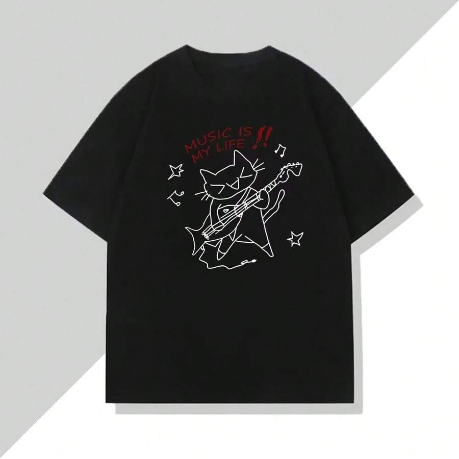 Camiseta impresa con patrón de música Rock Cat es mi vida, unisex, ropa de hombre, casual, suelta, divertida, de cuello redondo y manga corta - Negro - Ver 1