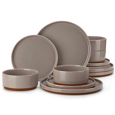 MALACASA 12-Piecee Porcelain Dinnerware Set, Dinner Plate, Dessert Plate And Bowl Set For 4 Person, Brown, Vertical Edge